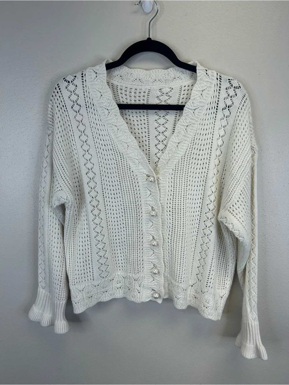 Cottagecore Feminine Size L Open Knit V-Neck Cardigan Sweater Pearl Buttons Boho - Picture 3 of 10